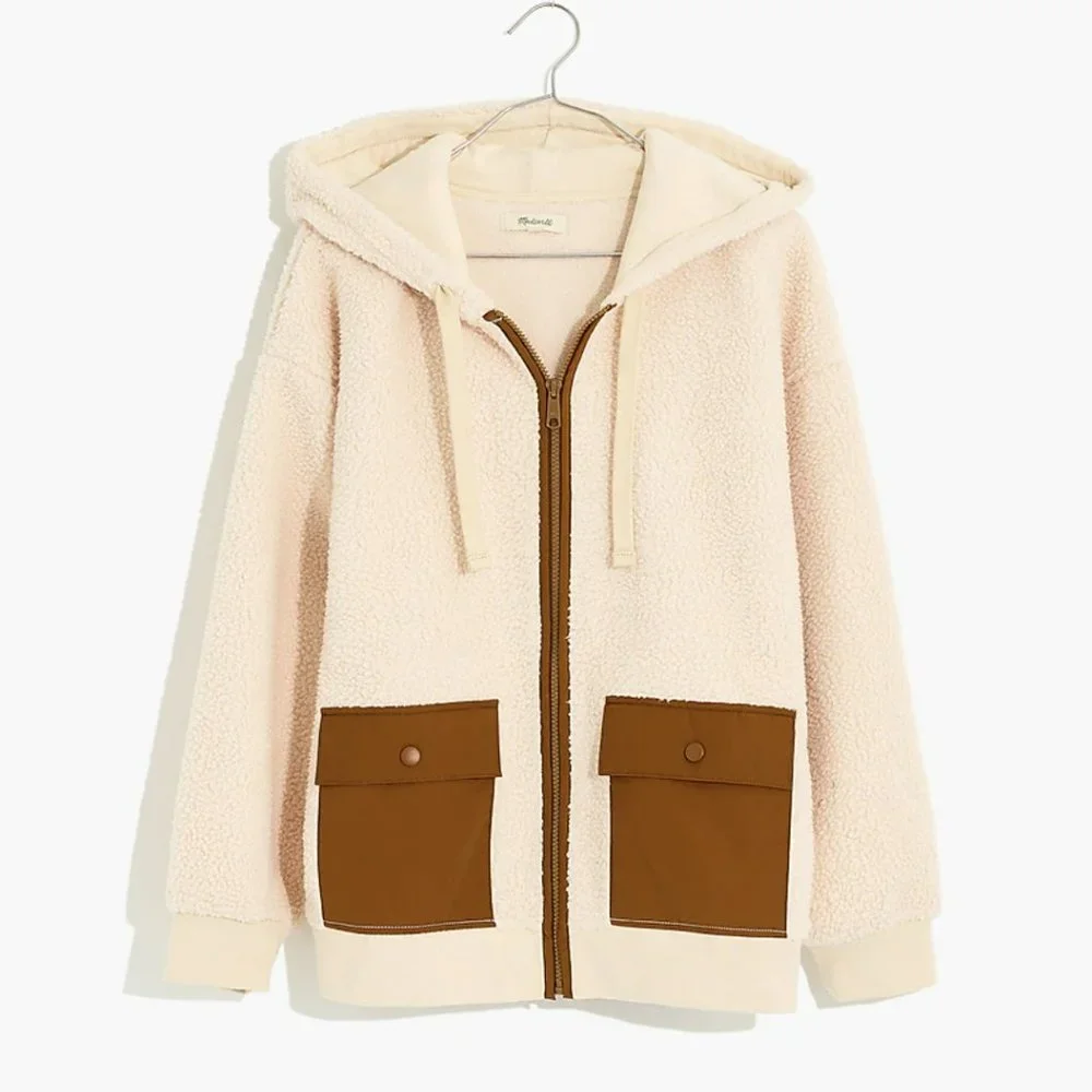MADEWELL IVORY BROWN (RE)SOURCED FLEECE HOODED ZIP JACKET - Picture 5 of 5